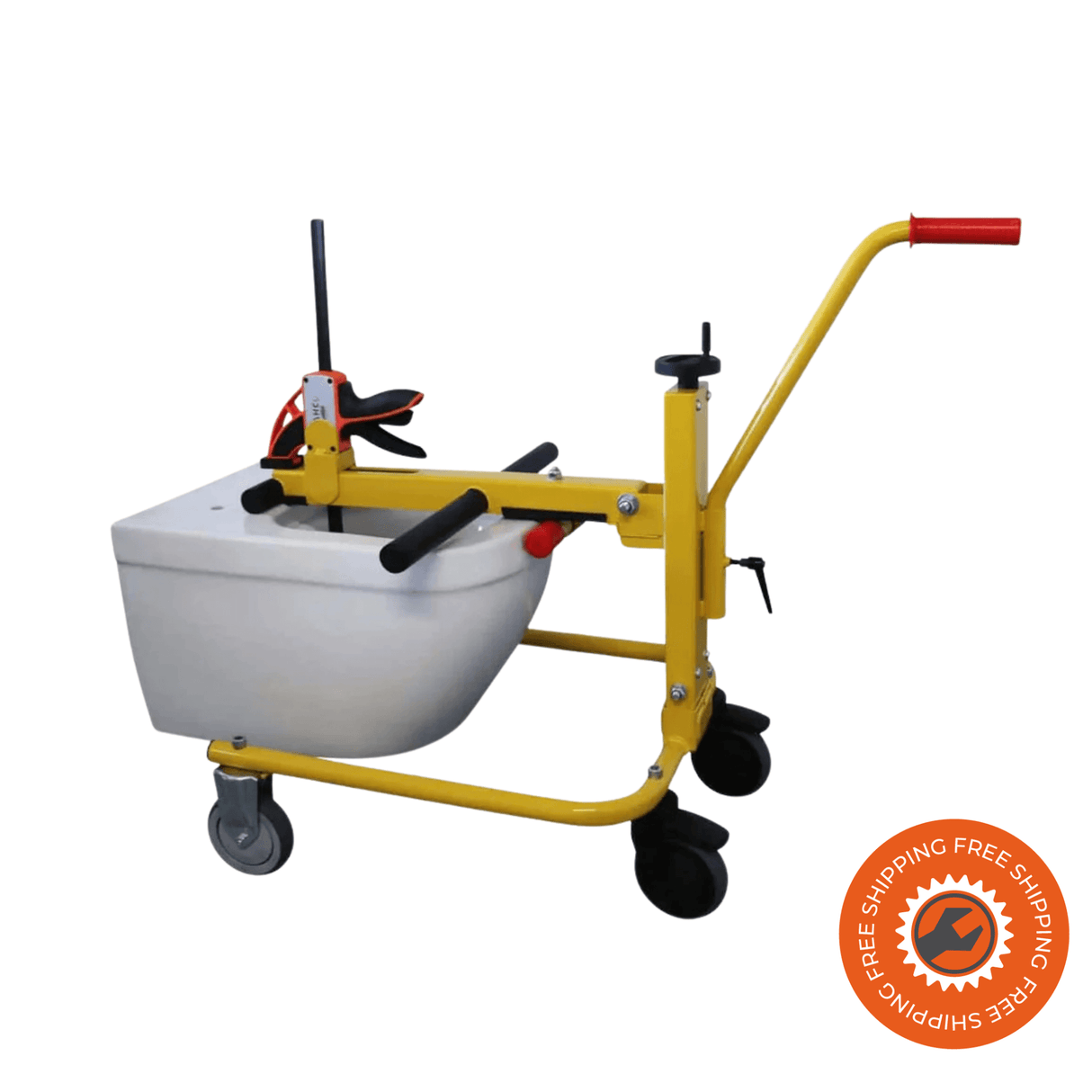 Carrello Ravendo WM giallo per installazione lavabi sospesi, pieghevole e con ruote di alta qualità Ø 125 mm con freni.
