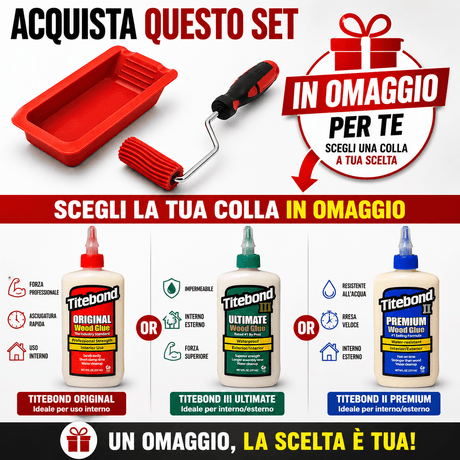 Kit IGM con rullo in silicone Ø 20 mm, larghezza 47 mm, scanalature angolate per trattenere la colla, vaschetta in silicone con intagli frontali, in combo con Titebond a scelta.
