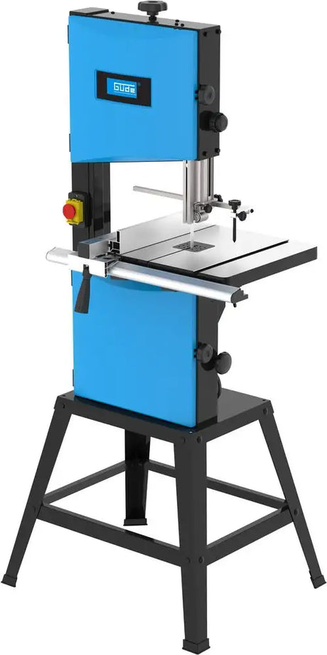 Sega a nastro Güde GBS 300 con piano inclinabile in alluminio, motore da 750 W e doppia velocità, ideale per legno e metalli leggeri.