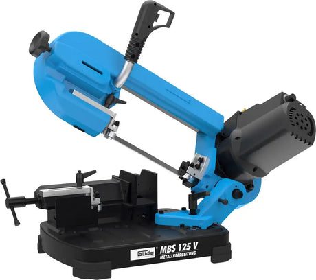 Sega a nastro Guede MBS 125 V con struttura in acciaio, testa girevole fino a 60° e velocità regolabile, ideale per tagli metallici precisi.