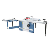 Vista frontale della sega circolare Basic 3200 Pro con tavolo in ghisa, carro scorrevole da 3200 mm, guida telescopica e rullo di supporto per il taglio preciso di pannelli ingombranti.