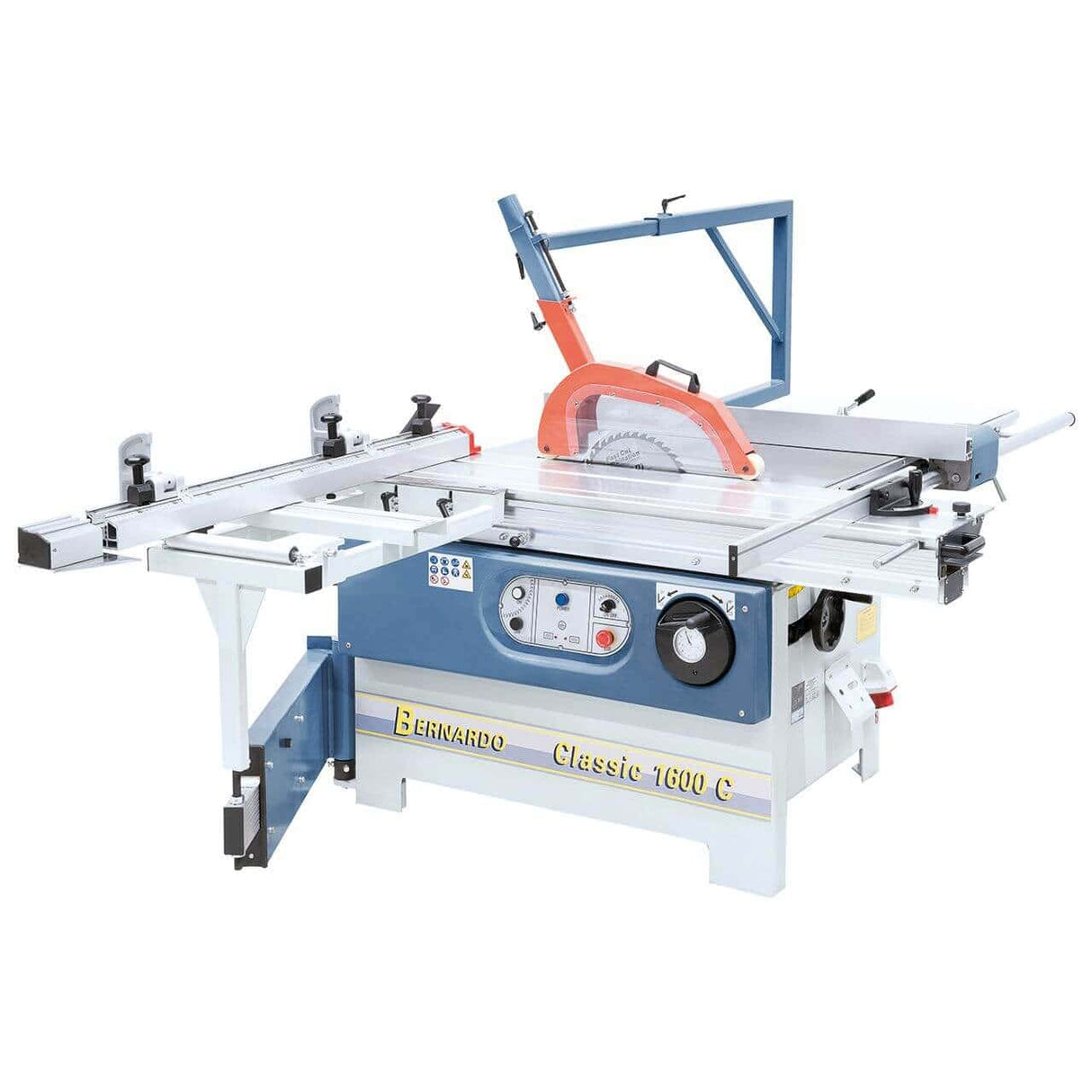 Macchina per taglio legno con tavolo in ghisa, lama inclinabile, incisore indipendente e carro in alluminio da 1600 mm. Compatta, potente e precisa.