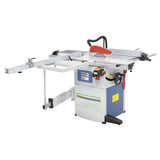 Vista della sega circolare FKS 1250 N con carro scorrevole in alluminio, tavolo in ghisa, lama da 254 mm inclinabile, estensioni e guida micrometrica per tagli precisi su pannelli di medie e grandi dimensioni.