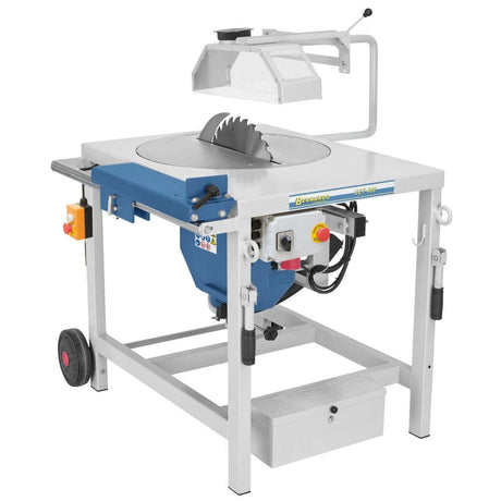 Vista laterale della sega UZT 400 con tavolo a rulli opzionale e gruppo sega inclinabile, progettata per tagli strutturali complessi in cantiere e falegnameria