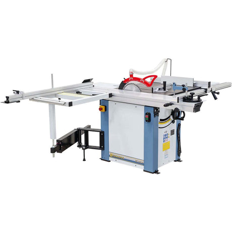 Vista laterale della sega circolare Bernardo TK 315 P con carro scorrevole da 1800 mm, tavolo in ghisa e sistema incisore per finiture professionali.