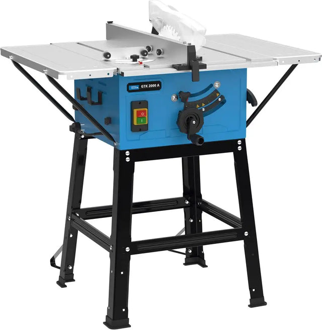 Sega circolare da banco Guede GTK 2000 A con motore da 2000 W, piano in alluminio, lama Ø250 mm e inclinazione regolabile fino a 45°.