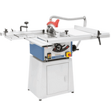 Vista laterale della sega da banco TK 250 RSN con tavolo a rulli, struttura in ghisa e basamento chiuso per la massima rigidità.