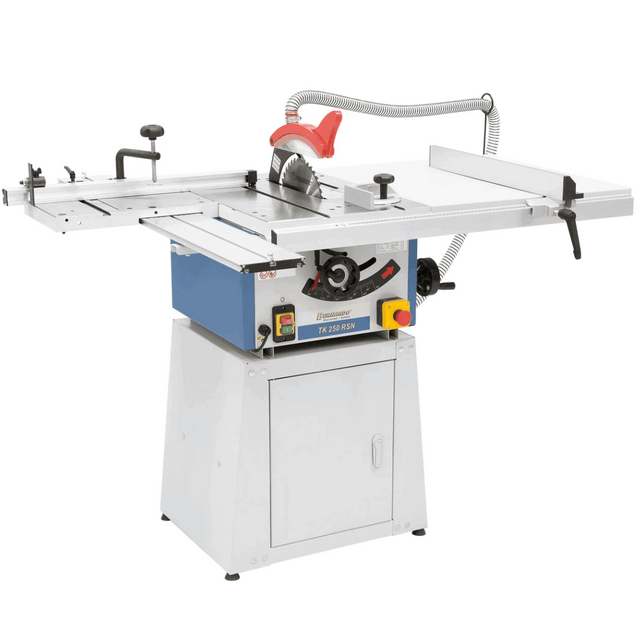 Vista laterale della sega da banco TK 250 RSN con tavolo a rulli, struttura in ghisa e basamento chiuso per la massima rigidità.