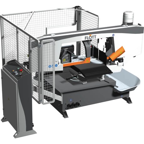 Segatrice a nastro Flott HBS 350 ANC con controllo LCD, morsa idraulica e alimentazione automatica del materiale per tagli precisi fino a 60°.