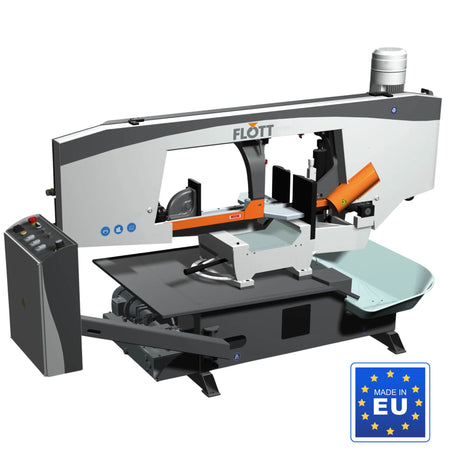 Segatrice a nastro orizzontale Flott HBS 350 HA per metallo, con motore da 3 kW, inverter, ciclo idraulico e taglio a mitra fino a 60°.