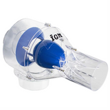 Vista frontale del separatore ciclonico STO-P100, con design compatto a lama “bullet blu” e attacchi Ø 100 mm per collegamento diretto ai sistemi di aspirazione.