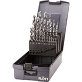 Set completo di 24 punte elicoidali in acciaio rapido HSS con custodia metallica, ideali per forature precise su metallo, legno e plastica.