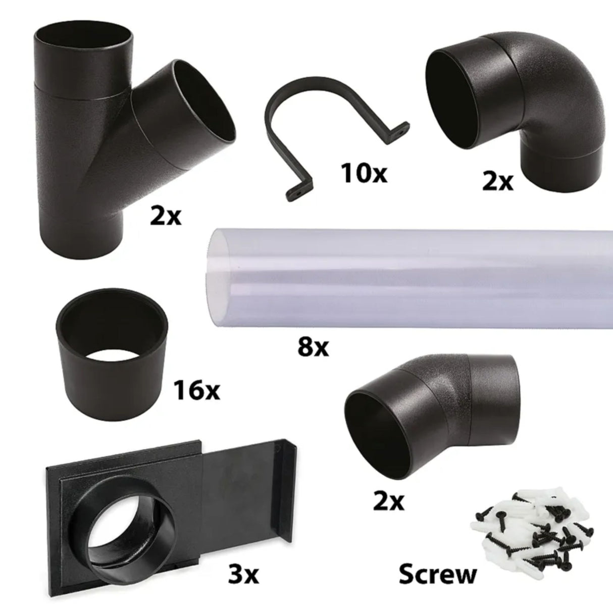 Vista del set completo montato su parete: tubi trasparenti con raccordi, curve e cursori che collegano le macchine per la lavorazione del legno a un sistema di aspirazione centralizzato.