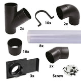 Vista del set completo montato su parete: tubi trasparenti con raccordi, curve e cursori che collegano le macchine per la lavorazione del legno a un sistema di aspirazione centralizzato.