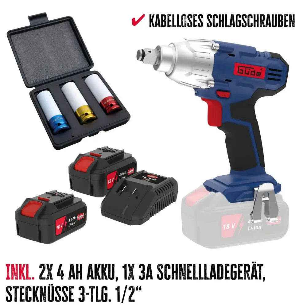Set completo Guede BSS 18 1/2-0 con 2 batterie da 4Ah, caricabatterie rapido e 3 bussole da 1/2”, ideale per serraggi e lavori professionali.