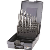 Set di maschiatori Flott ordinati in una resistente ABS-Box, completo di maschiatori DIN 371/376 Form B e punta da preforo per una filettatura metrica precisa.