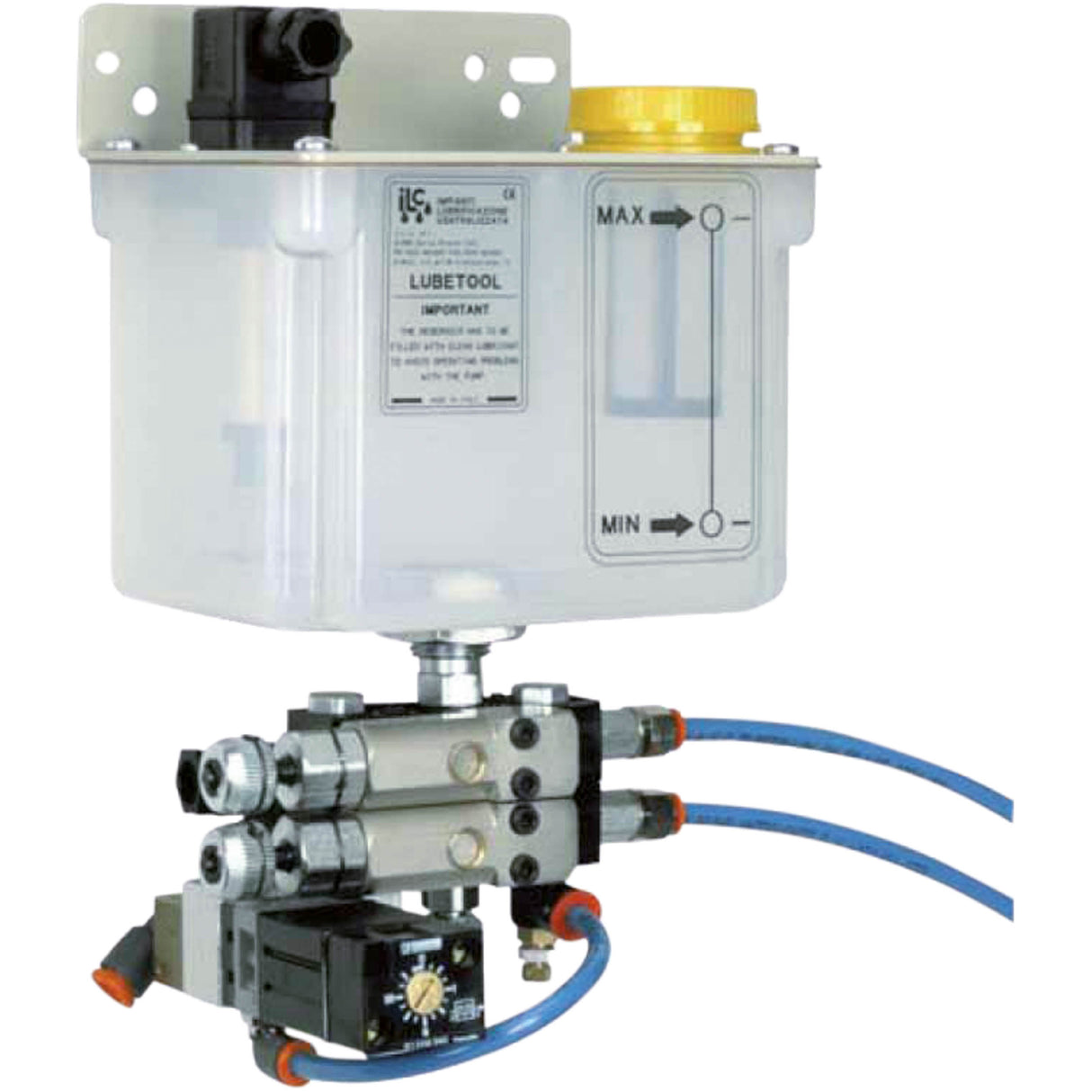 Unità compatta di lubrificazione a minima quantità con ugello micro-fine e pompa dosatrice per macchine serie 20–25 Plus.