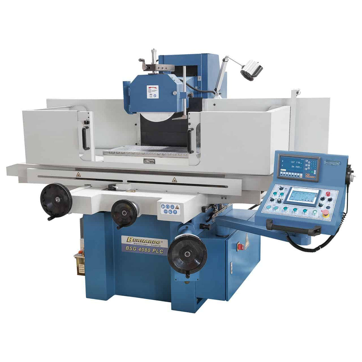 Bernardo BSG 4080 PLC con tavola 405 x 815 mm, piastra magnetica 400 x 800 mm, mola Ø 350 mm e controllo Siemens touchscreen.