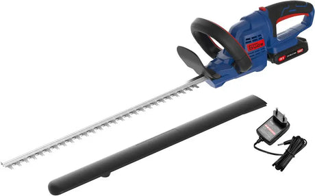 Tagliasiepi Guede HS 18-201-05 con lame laser-cut e impugnatura rotante a 180°, fornito con batteria 18V e caricatore 0,5A.
