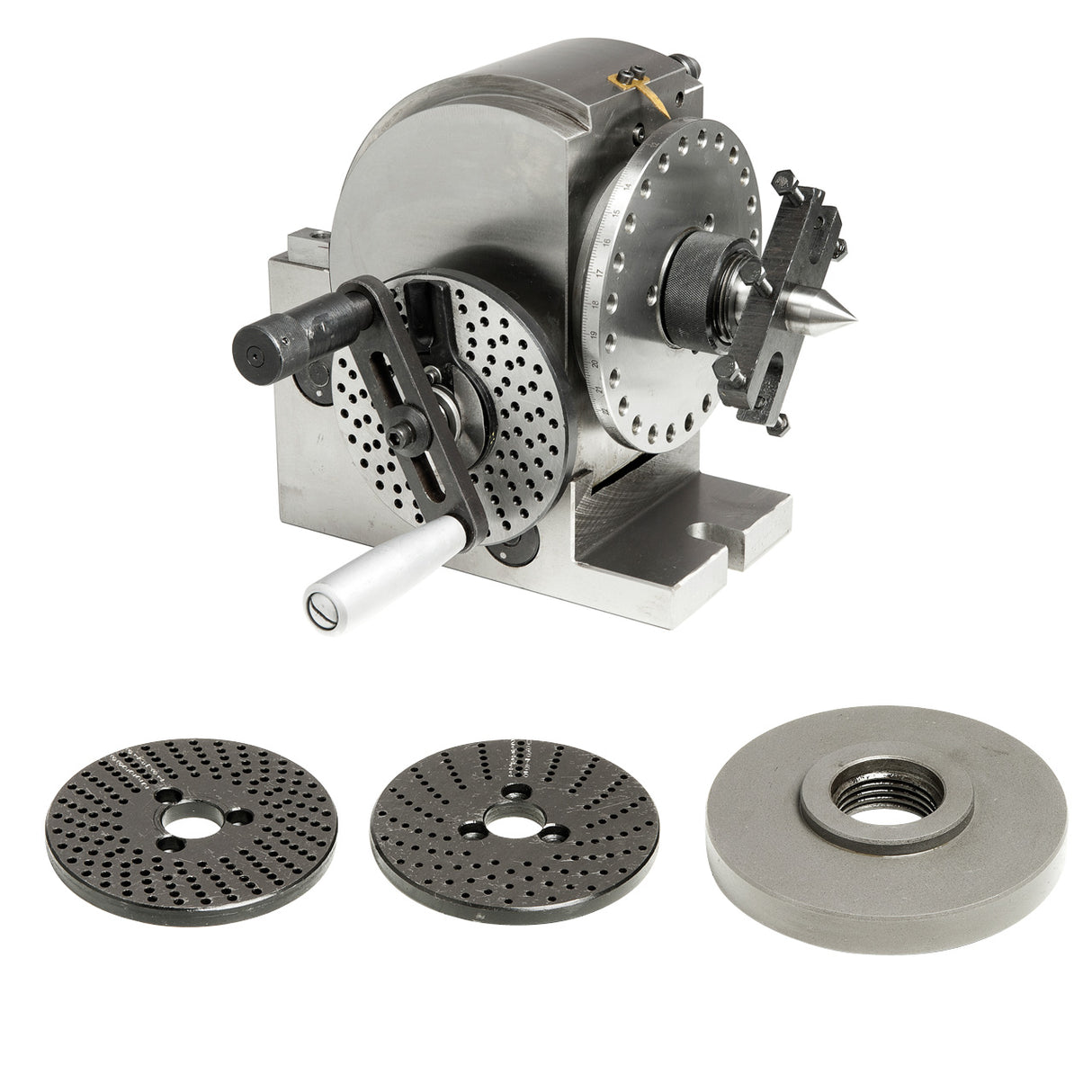 Testa divisoria Bernardo BS-1 inclinabile da -10° a +90°, con piastre divisorie, contropunta e corpo in acciaio ad alta precisione.