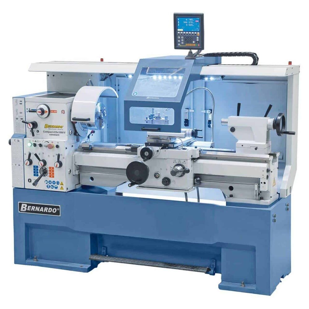Tornio Bernardo Compact 410 x 1000 V-constant con distanza punte 1000 mm, motore 5,5 kW e variatore continuo di velocità, completo di DRO 3 assi ES-12 S.