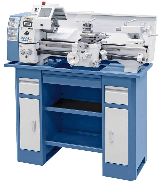 Tornio Bernardo Profi 550 Top con mandrino a 3 griffe da 125 mm, convertitore di frequenza e avanzamenti automatici, ideale per officine e hobbisti.