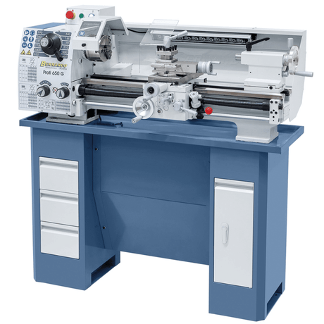 Tornio Bernardo Profi 650 G con distanza punte 650 mm, 12 velocità e motore 230 V, completo di mandrino Ø 125 mm e protezioni.