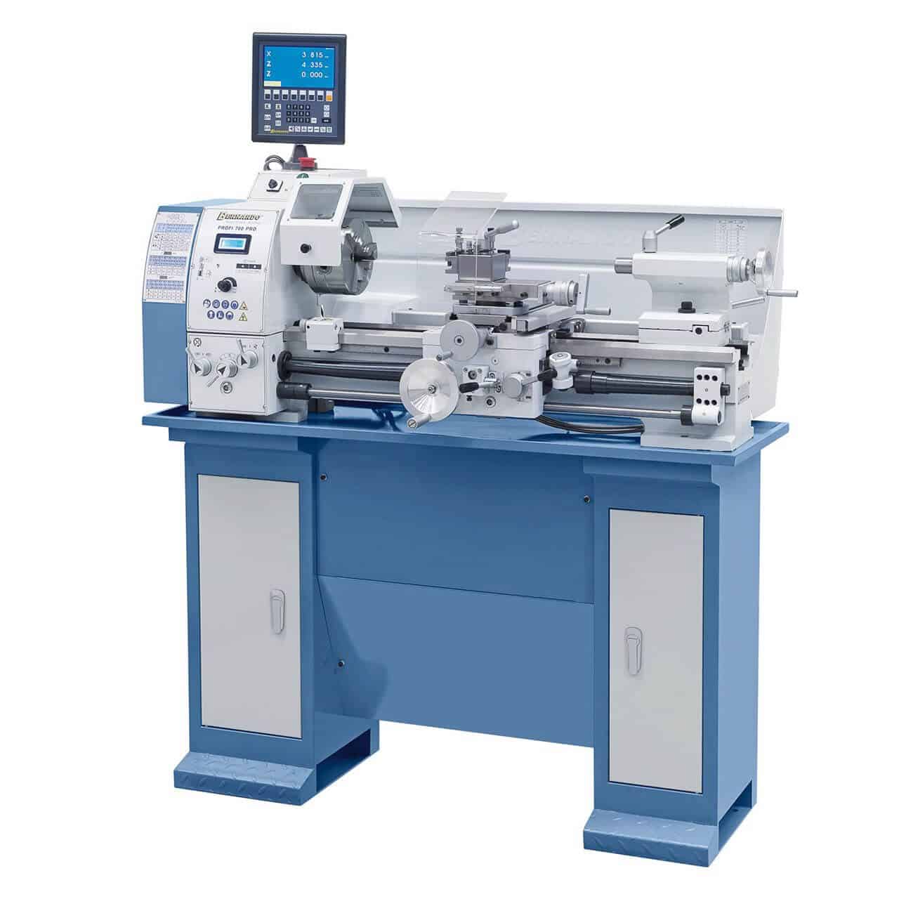 Tornio Bernardo Profi 700 PRO Vario / 230 V con inverter Delta, mandrino in acciaio 3 griffe, visualizzatore digitale 2 assi e torretta rapida.