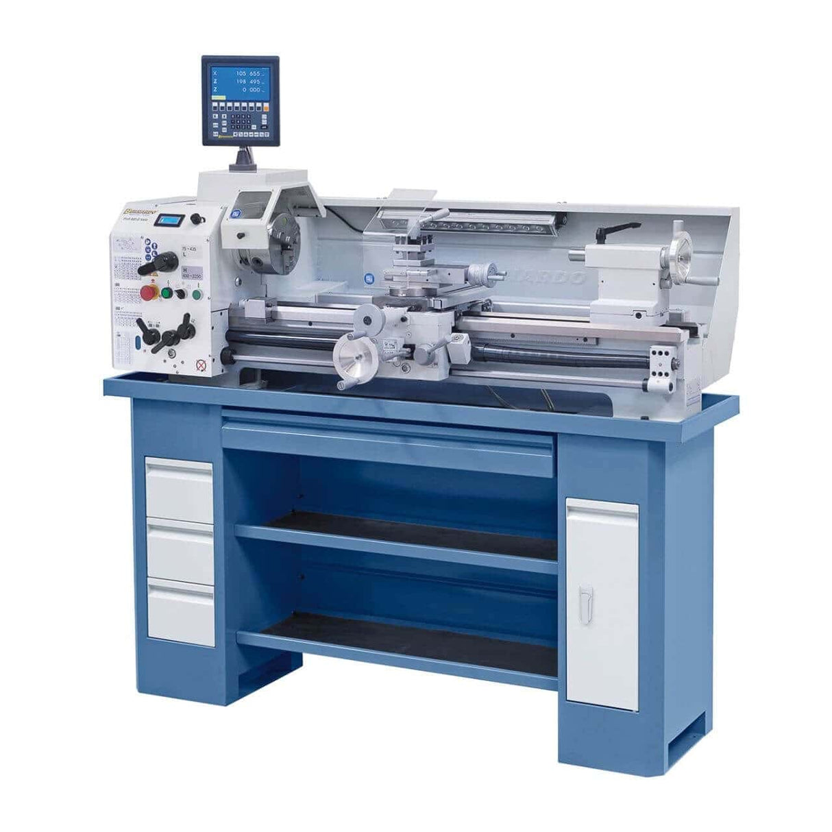 Tornio Bernardo Profi 880 G Vario con distanza punte 880 mm, foro mandrino Ø 38 mm e motore da 1,5 kW, completo di DRO digitale a 2 assi.