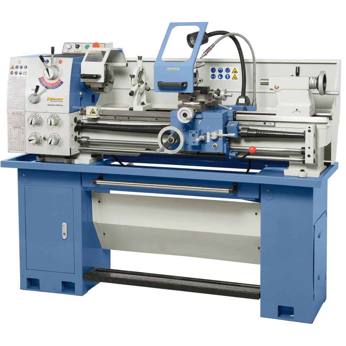 Tornio Bernardo Standard 165 Plus con Ø banco 350 mm, incavo 220 mm e dotazione completa (mandrini, lunette, refrigerante, protezioni CE).