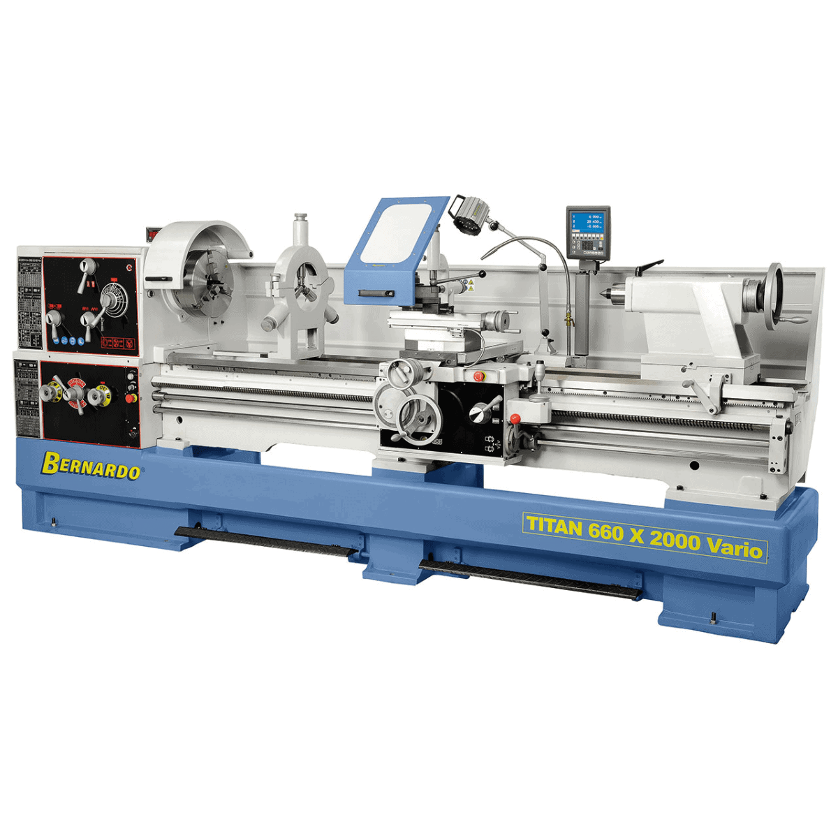 Tornio Bernardo TITAN 660 x 2000 Vario con distanza punte 2000 mm, foro mandrino 105 mm e motore da 7,5 kW, adatto a lavorazioni industriali.