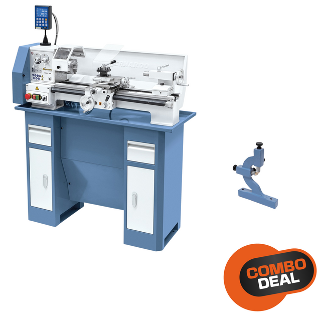 Tornio Bernardo Hobby 500 – 230V, compatto e preciso, dotato di visualizzatore digitale a 2 assi e lunetta rotante.