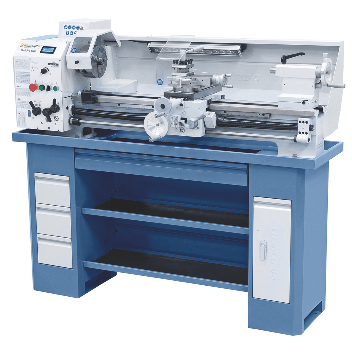 Vista del tornio di precisione Profi 900 Vario con basamento prismato, mandrino Ø 38 mm, indicatore digitale della velocità e luce LED integrata.