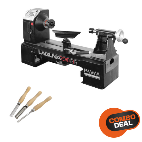 Vista frontale del tornio LAGUNA Revo 1216 con struttura compatta in ghisa, completo di poggiamano, frontalino e scalpelli in omaggio