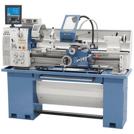 Vista frontale del tornio universale Standard 165 V-Top con bancale prismato rinforzato, ponte asportabile, portautensili rapido Multifix e visualizzatore digitale a 3 assi.