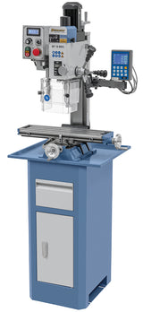 Trapano-fresa Bernardo BF 18 BDC 230V con visualizzatore digitale DT 40 a 3 assi, motore DC, testa inclinabile e tavolo a croce con cave a T da 10 mm.