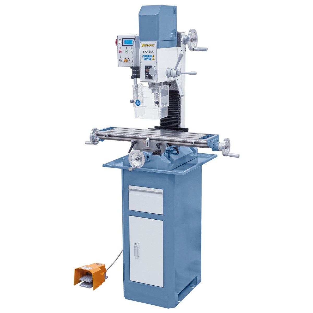 Trapano/Fresatrice Bernardo BF 28 BDC con tavolo 700 × 180 mm, testa inclinabile e funzione di filettatura fino a M12.