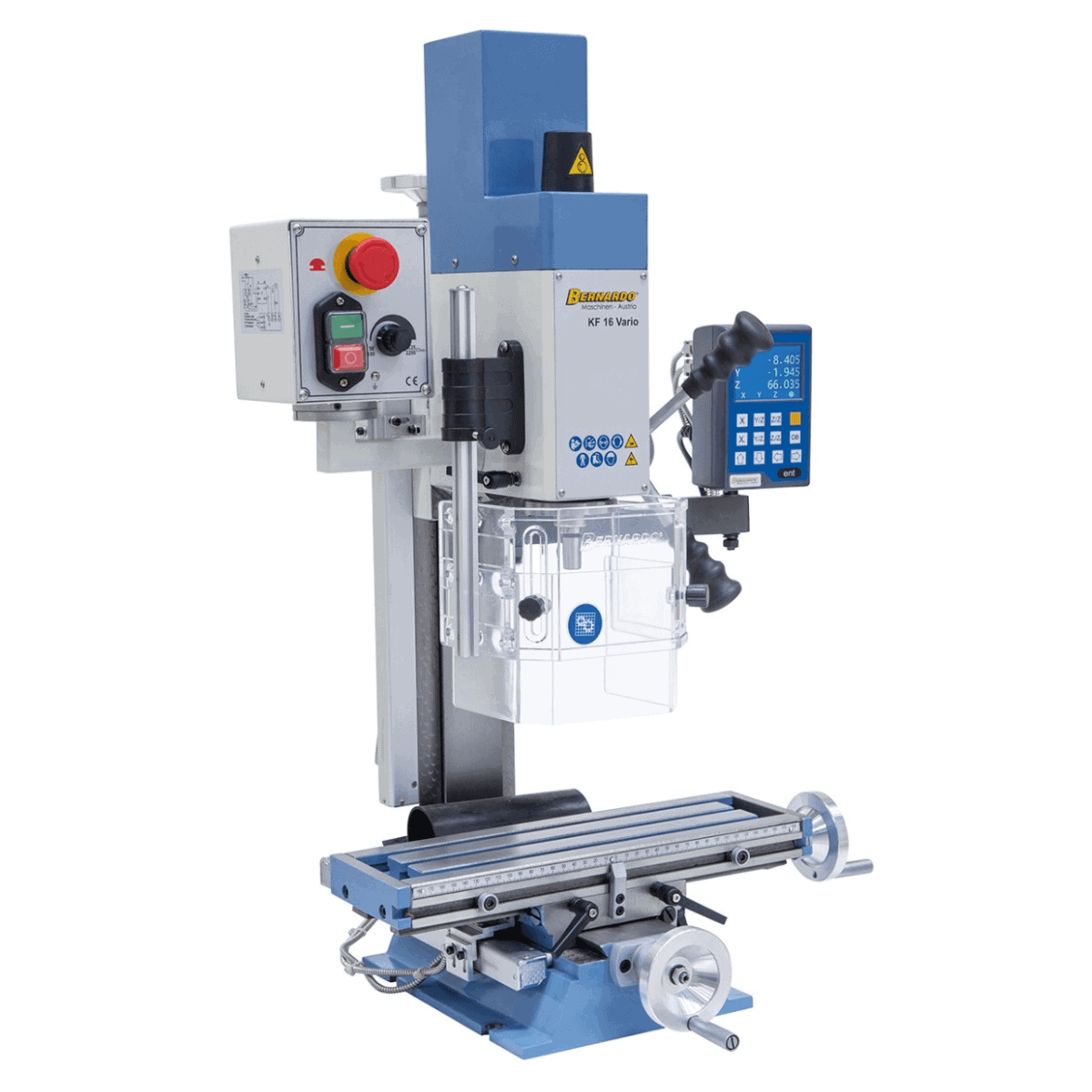 Trapano/Fresatrice Bernardo KF 16 Vario con testa inclinabile, tavola 400 × 120 mm e display digitale DT 40 a 3 assi.