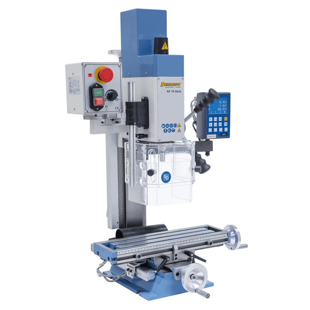 Trapano/Fresatrice Bernardo KF 16 Vario con testa inclinabile, tavola 400 × 120 mm e display digitale DT 40 a 3 assi.