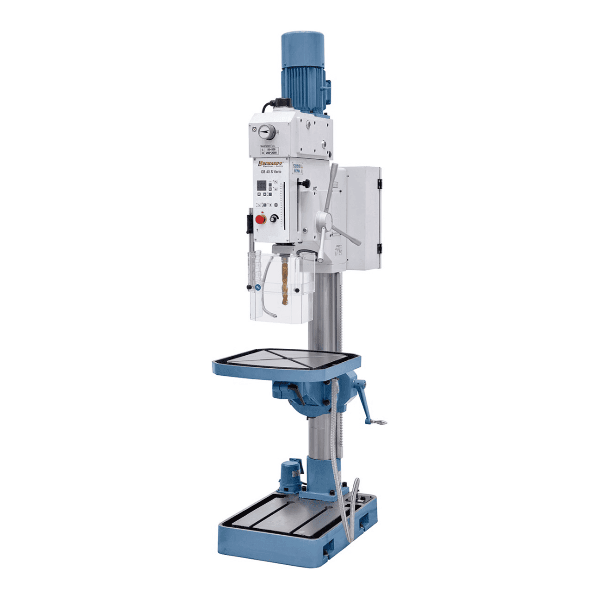 Trapano a colonna professionale Bernardo GB 40 S Vario con tavola 555 x 555 mm e avanzamento automatico, ideale per forature di precisione.