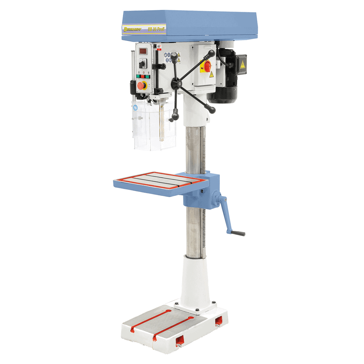 Trapano a colonna SB 30 Profi con struttura in ghisa, display digitale, luce LED e capacità di foratura fino a 32 mm.