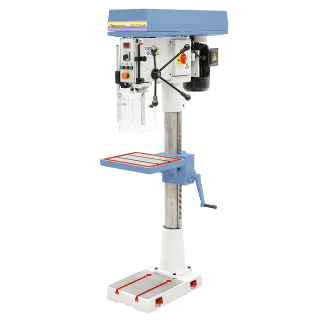 Trapano a colonna SB 30 Profi con struttura in ghisa, display digitale, luce LED e capacità di foratura fino a 32 mm.