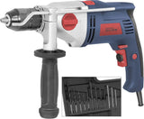 Trapano a percussione Guede SBM 1050 E da 1050 W con doppia velocità, mandrino autoserrante in metallo, set di punte e valigetta rigida.