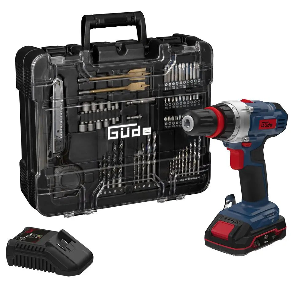 Trapano avvitatore Guede BS 18 con batteria 18V, caricabatterie rapido e set completo da 126 accessori in valigetta rigida con chiusure metalliche.
