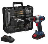 Trapano avvitatore Guede BS 18 con batteria 18V, caricabatterie rapido e set completo da 126 accessori in valigetta rigida con chiusure metalliche.