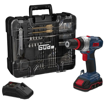 Trapano avvitatore Guede BS 18 con batteria 18V, caricabatterie rapido e set completo da 126 accessori in valigetta rigida con chiusure metalliche.