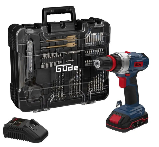 Trapano avvitatore Guede BS 18 con batteria 18V, caricabatterie rapido e set completo da 126 accessori in valigetta rigida con chiusure metalliche.