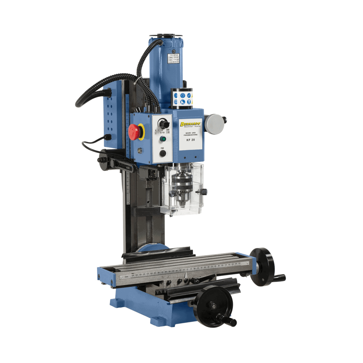 Bernardo KF 20 – Trapano e fresatrice da banco con tavola a croce e testa orientabile, ideale per lavori di precisione.