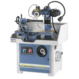 Vista della UGM 300 con testa inclinabile, piatto divisore, tavola a movimenti incrociati e dispositivo refrigerante, configurata per affilatura di lame circolari e coltelli di pialla.