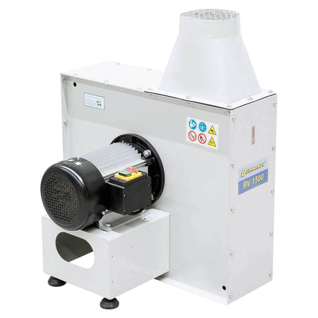 Ventilatore centrifugo Bernardo RV 1500 400 V, con girante bilanciata in acciaio e struttura verniciata a polvere, ideale per aspirazione di trucioli e polveri industriali.